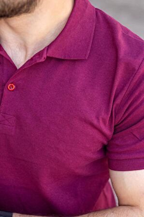 Erkek Mürdüm Rahat %100 Pamuk Ribana Kol Polo Yaka T-Shirt 24EPLYPOPE