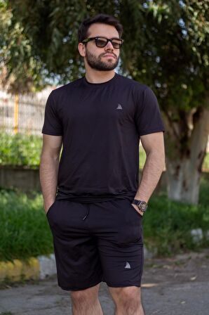 Erkek Siyah Jakarlı Tam Esnek İnce Rahat Spor Şort T-Shirt Takım 24EEST171J