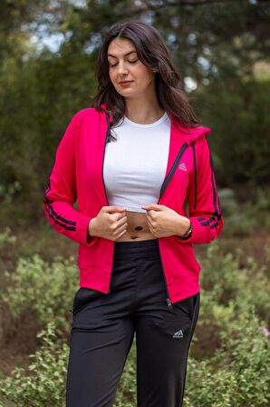 Fuşya Füme İki Şeritli Biyeli Fermuarlı Kapüşonlu Spor Eşofman Takımı 21KESTAX11