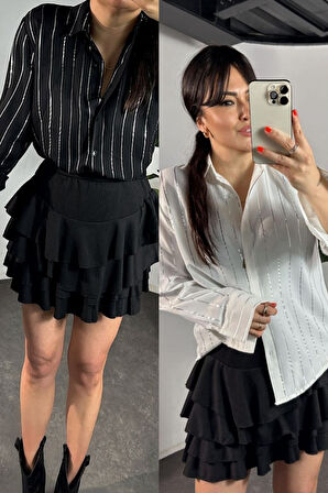 Kadın Siyah Jesica Parlak Gümüş Varak Çizgili İtal Jakar Kumaş İnce Gömlek 25KGMLP009