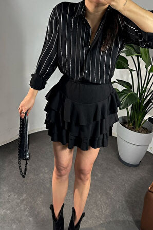 Kadın Siyah Jesica Parlak Gümüş Varak Çizgili İtal Jakar Kumaş İnce Gömlek 25KGMLP009