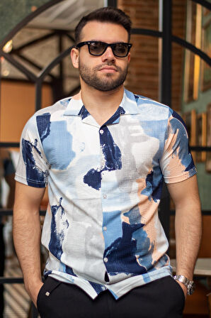 Erkek Açık Mavi Beyaz Batik Desen Esnek Krep Bürümcük Kumaş İnce Gömlek 25EGMLGIMM