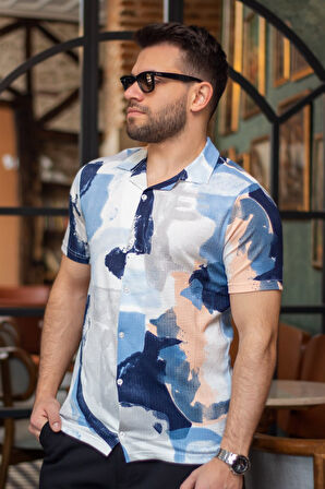 Erkek Açık Mavi Beyaz Batik Desen Esnek Krep Bürümcük Kumaş İnce Gömlek 25EGMLGIMM