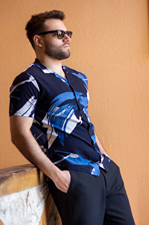 Erkek Mavi Beyaz Batik Desen Esnek Krep Bürümcük Kumaş İnce Gömlek 25EGMLGIMM