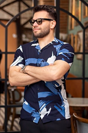 Erkek Mavi Beyaz Batik Desen Esnek Krep Bürümcük Kumaş İnce Gömlek 25EGMLGIMM