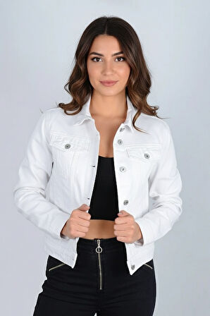 Kadın Beyaz Klasik Denim Uzun Kol Kısa Kot Ceket 25KCKTD640