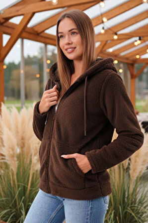 Kadın Kahve Peluş Yumoş Fermuarlı Kapüşonlu Cepli Welsoft Yelek 22KCKTERES