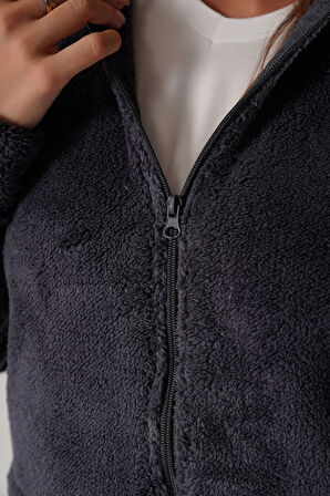 Kadın Füme Kurşuni Peluş Yumoş Fermuarlı Kapüşonlu Cepli Welsoft Yelek 22KCKTERES