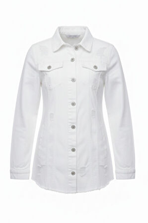 Kadın Beyaz Boyfriend Denim Oversize Taşlamalı Kot Ceket Uzun Kol Ceket 25KCKTD679