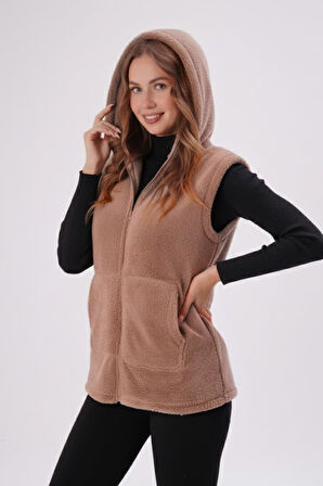 Kadın Vizon Peluş Yumoş Fermuarlı Kapüşonlu Yelek 22KYLKPELO