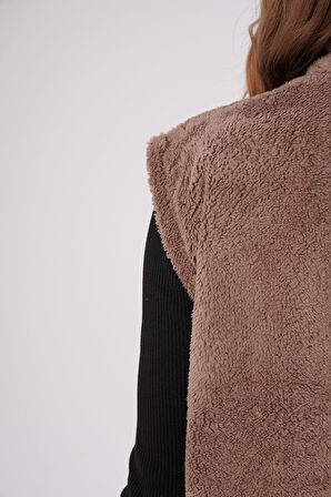 Kadın Vizon Peluş Yumoş Fermuarlı Kapüşonlu Yelek 22KYLKPELO