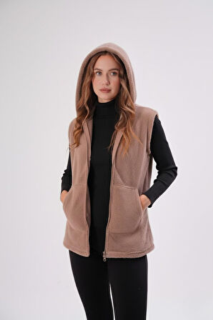 Kadın Vizon Peluş Yumoş Fermuarlı Kapüşonlu Yelek 22KYLKPELO