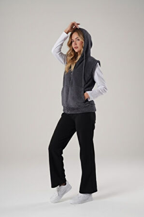 Kadın Koyu Gri Füme Peluş Yumoş Fermuarlı Kapüşonlu Welsfot Yelek 22KYLKPELO