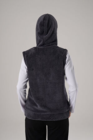 Kadın Koyu Gri Füme Peluş Yumoş Fermuarlı Kapüşonlu Welsfot Yelek 22KYLKPELO