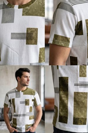 Erkek Taba Kahve Kare Desen Esnek Krep Bürümcük Kumaş İnce Tişört 26ETSHKRIN