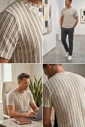 Erkek Krem Açık Kahve Çubuklu Basic Esnek Krep Bürümcük Kumaş İnce Tişört 26ETSHKRIN
