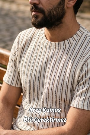 Erkek Krem Açık Kahve Çubuklu Basic Esnek Krep Bürümcük Kumaş İnce Tişört 26ETSHKRIN