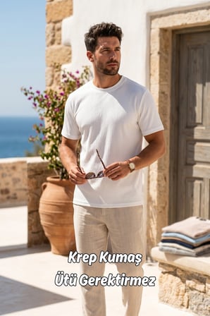 Erkek Beyaz Düz Basic Esnek Krep Bürümcük Kumaş İnce Tişört 26ETSHKRIN