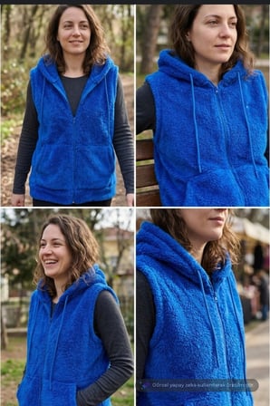 Kadın Saks Peluş Yumoş Fermuarlı Kapüşonlu Yelek 22KYLKPELO