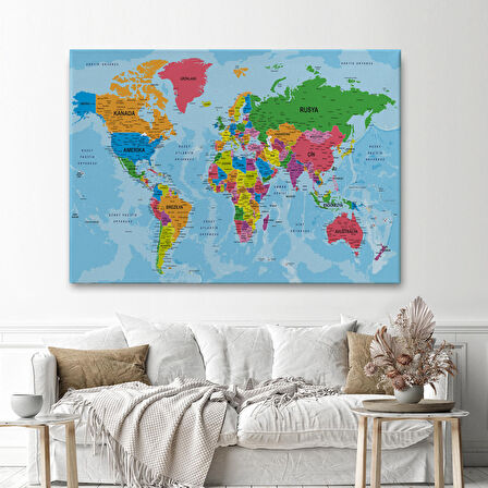 Harita Sepeti Dünya Haritası Türkçe Kanvas Tablo Ayrıntılı Dekoratif-Okyanuslu 2130