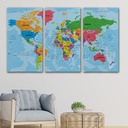 Harita Sepeti Dünya Haritası Türkçe Kanvas Tablo Ayrıntılı Dekoratif-Okyanuslu 2130