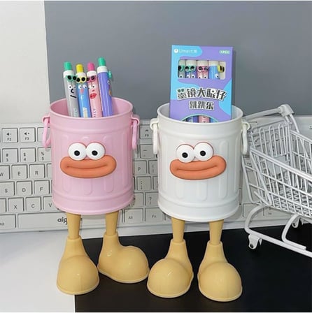 ARVALE Walky Bin Ayaklı Kalemlik - Sevimli Yüz Figürlü Masaüstü Kalem Kutusu, Ofis ve Çocuk Odası Düzenleyici, Makyaj Fırçalığı, Hediyelik Plastik Kalem Standı (Pembe)