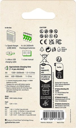 M452 USB Hızlı Şarj Cihazı 4 Adet 2600 AA Kalem Pilli Set