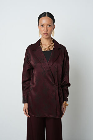 Kadın Bordo Renk Desenli Yandan Bağlamalı Ceket