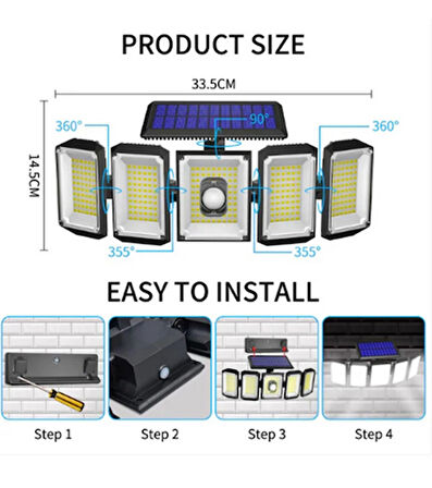 Güneş Enerjili Hareket Sensörlü 300 LED Aydınlatma Dış Mekan Kablolu 3 Farklı Mod-KUMANDALI