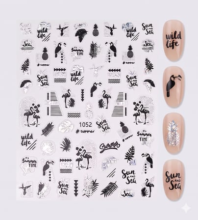 Gümüş Holografik Flamingo ve Yaprak Dizayn Tırnak Sticker Tırnak Etiketi Nail Art JO-1052S