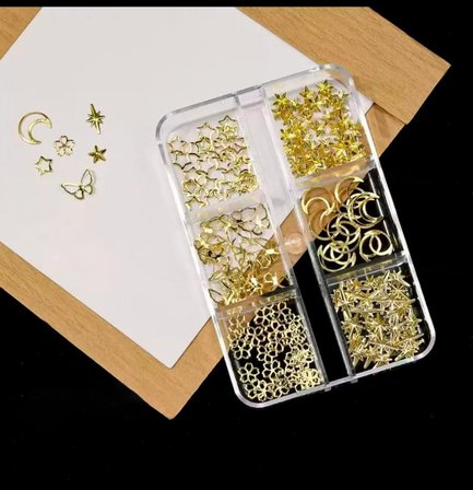 Ay Yıldız ve Kelebek Dizayn 6 Grit Metal Tırnak Süsleme Charm Gold Nail Art Charm Taşları WN-530