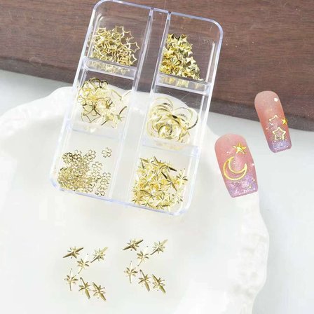 Ay Yıldız ve Kelebek Dizayn 6 Grit Metal Tırnak Süsleme Charm Gold Nail Art Charm Taşları WN-530