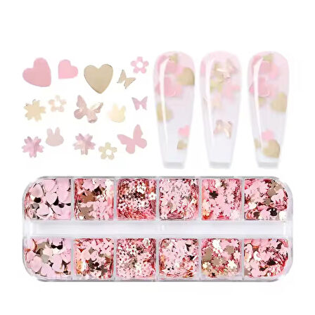 Pembe ve Gold Tırnak Süsleme Folyo Pulları Karışık Dizayn Kelebek Kalp Tavşan Çiçek Nail Art