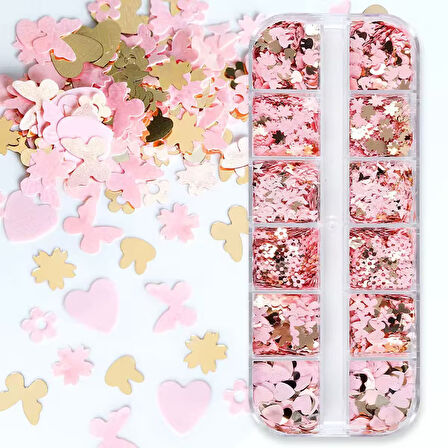 Pembe ve Gold Tırnak Süsleme Folyo Pulları Karışık Dizayn Kelebek Kalp Tavşan Çiçek Nail Art