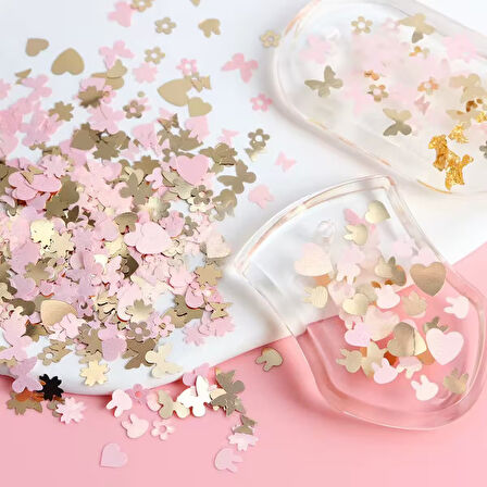 Pembe ve Gold Tırnak Süsleme Folyo Pulları Karışık Dizayn Kelebek Kalp Tavşan Çiçek Nail Art