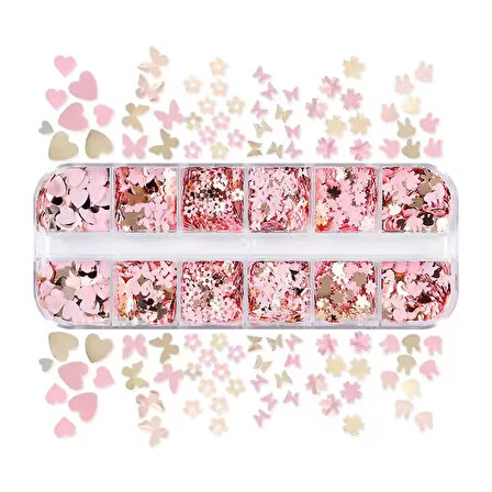 Pembe ve Gold Tırnak Süsleme Folyo Pulları Karışık Dizayn Kelebek Kalp Tavşan Çiçek Nail Art