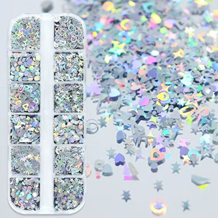 Holografik Gümüş Tırnak Süsleme Folyo Pulları Karışık Dizayn Kelebek Kalp Harfler Yıldızlar Nail Art