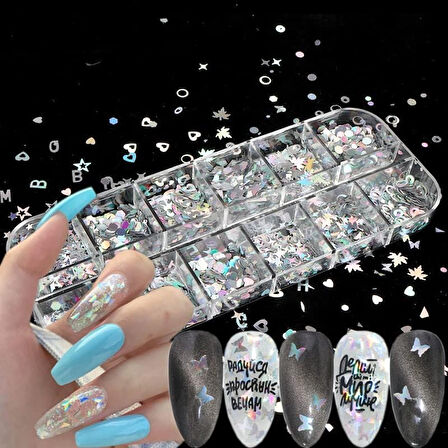 Holografik Gümüş Tırnak Süsleme Folyo Pulları Karışık Dizayn Kelebek Kalp Harfler Yıldızlar Nail Art