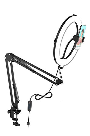 Akrobat Hareketli 3 Renkli Led Halka Selfie Make Up Eğitim Çekim Lambası Telefon Tutuculu Led Halka Masa Lambası Mengeneli