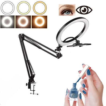 Akrobat Hareketli 3 Renkli Led Halka Selfie Make Up Eğitim Çekim Lambası Telefon Tutuculu Led Halka Masa Lambası Mengeneli