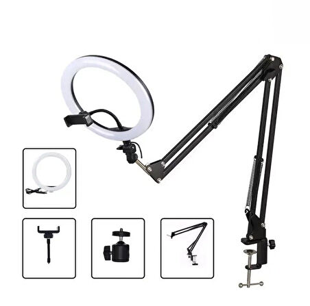 Akrobat Hareketli 3 Renkli Led Halka Selfie Make Up Eğitim Çekim Lambası Telefon Tutuculu Led Halka Masa Lambası Mengeneli