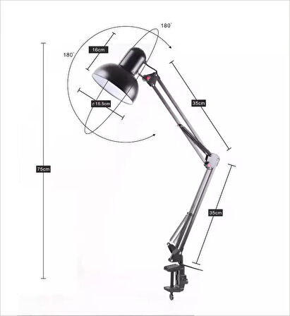 Uzun Akrobat Hareketli Masa Çalışma Lambası - Manikür Masa Lambası Mengeneli ve Alt Tabanlı Siyah