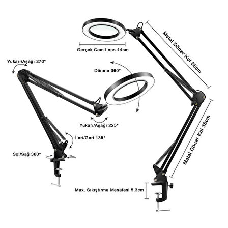 Akrobat Hareketli 8X Büyüteçli Led Işıklı Masa Çalışma Lambası - Mengeneli (Beyaz)