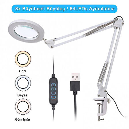 Akrobat Hareketli 8X Büyüteçli Led Işıklı Masa Çalışma Lambası - Mengeneli (Beyaz)