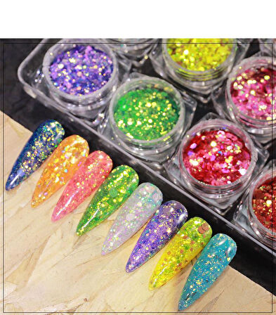 Parlak Tırnak Süsleme Pulları Renkli 12'li set Nail Art 