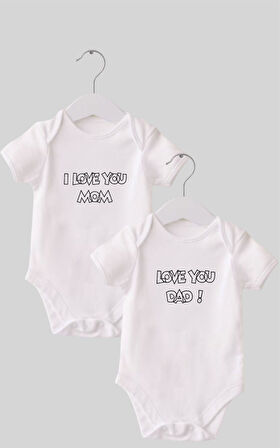Organik %100 Pamuk Love You Mom Dad Baskılı Bebek Body Zıbın ZBN209