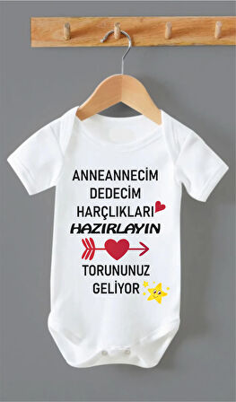 Organik %100 Pamuk Anneannecim Dedecim Torunuz Geliyor Bebek Body Badi Çıtçıtlı Zıbın ZBN126
