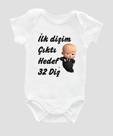 Organik %100 Pamuk İlk Dişim Çıktı Hedef 32 Diş Baskılı Bebek Body Badi Çıtçıtlı Zıbın ZBN122