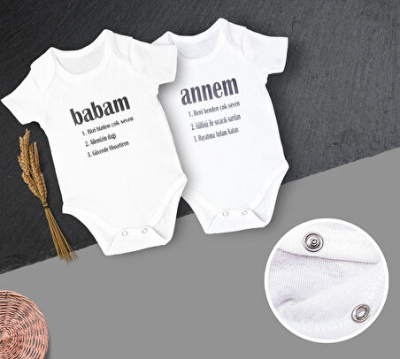 Unisex Bebek Ekru Organik Annem Ve Babam Yazılı Kısa Kol Body 2'li Set annem babam