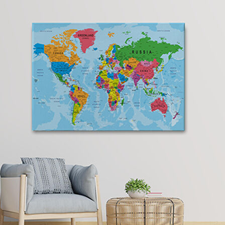 Harita Sepeti Dünya Haritası Kanvas Tablo Çok Ayrıntılı Dekoratif ve Okyanuslu 2131